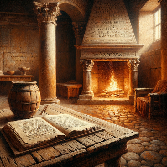 A rustic Roman interior with a glowing fireplace, an open ancient book, and a warm atmosphere, inspired by classic 1960s historical films.
