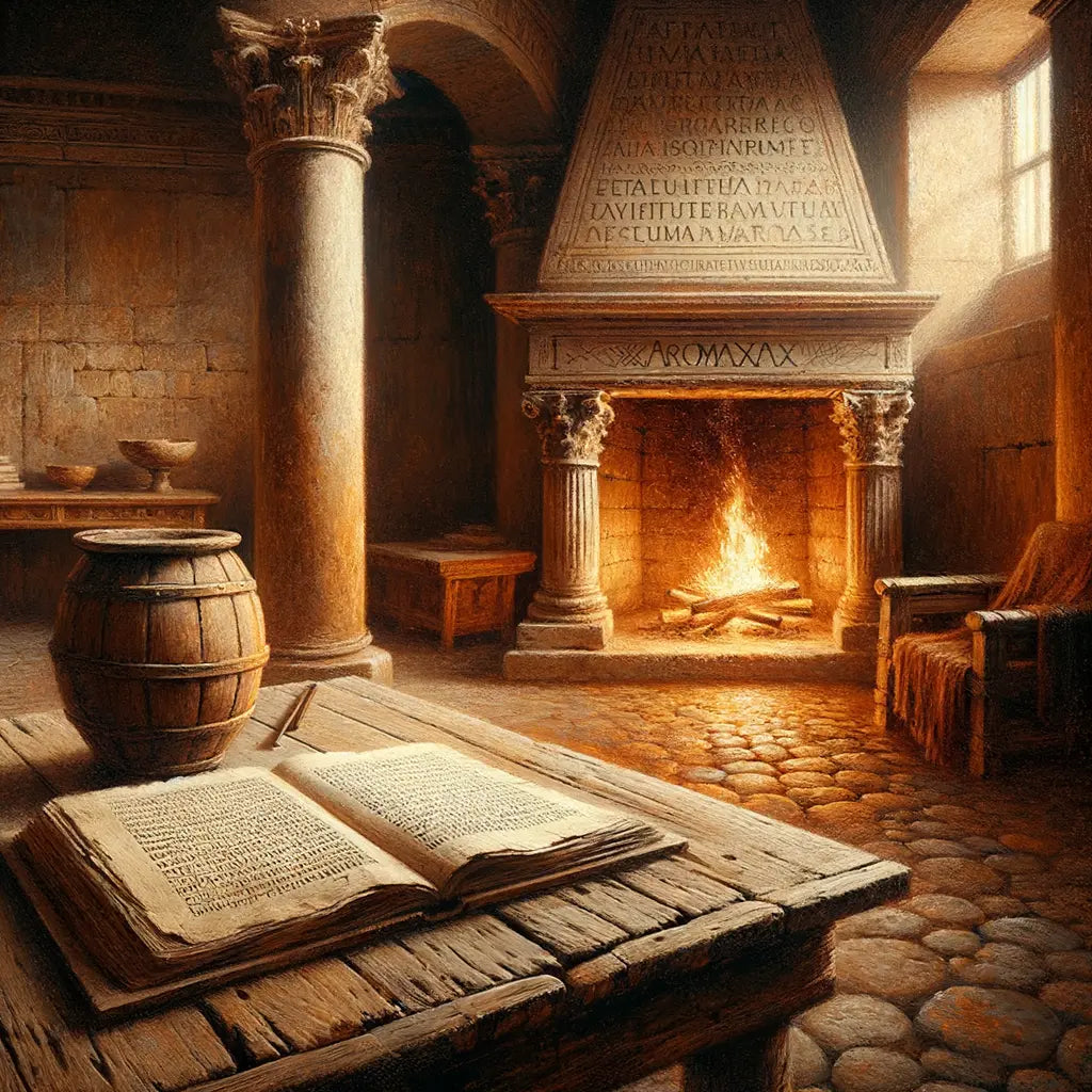 A rustic Roman interior with a glowing fireplace, an open ancient book, and a warm atmosphere, inspired by classic 1960s historical films.