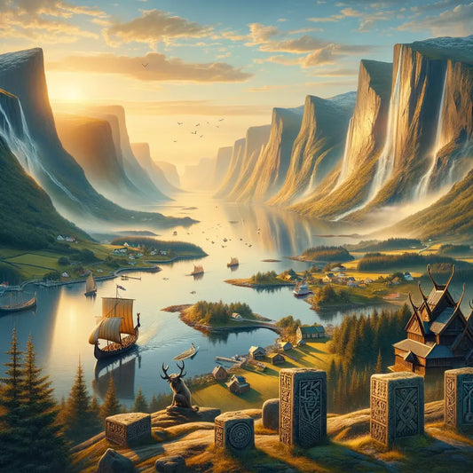 A painting of Norway's fjords, Iceland's geysers, and Sweden's archipelagos with Nordic cultural symbols.