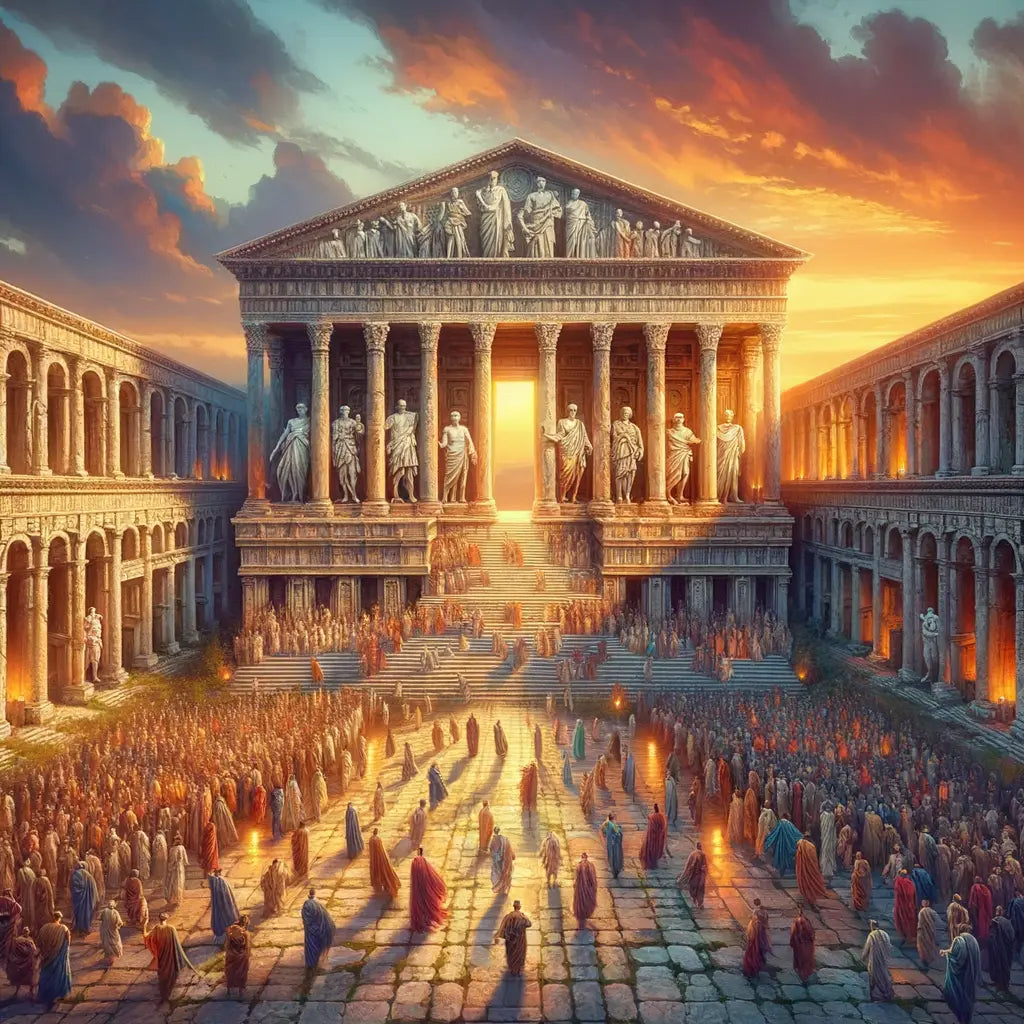 Roman soldiers in a forum with sunset and marble architecture.