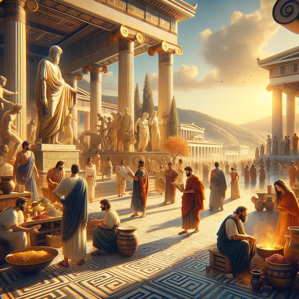 A lively ancient Athenian marketplace with a statue of Socrates in dialogue, surrounded by figures in Greek attire, set against a backdrop of classical architecture and hills.