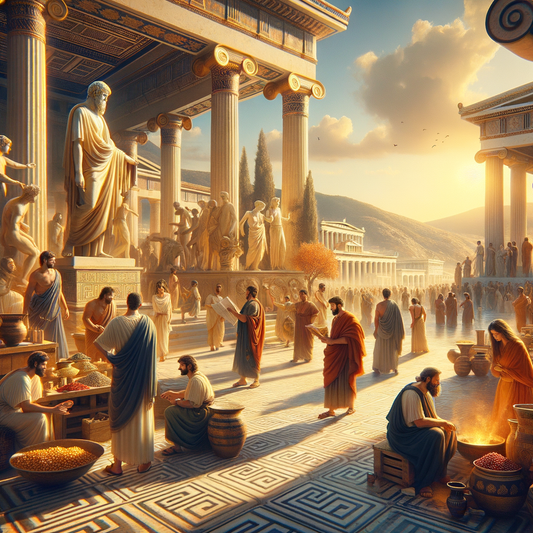 A lively ancient Athenian marketplace with a statue of Socrates in dialogue, surrounded by figures in Greek attire, set against a backdrop of classical architecture and hills.