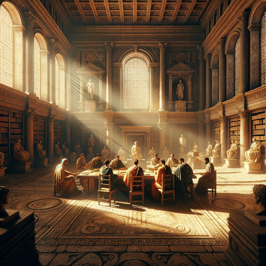 Serene ancient Roman library with scholars reading and discussing around a sunlit manuscript resembling Marcus Aurelius's Meditations, in a style reminiscent of 1960s historical films.