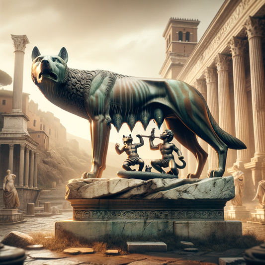 Capitoline Wolf statue with Romulus and Remus beneath, set against an ancient Roman landscape, in the style of 1960s historical epic films.