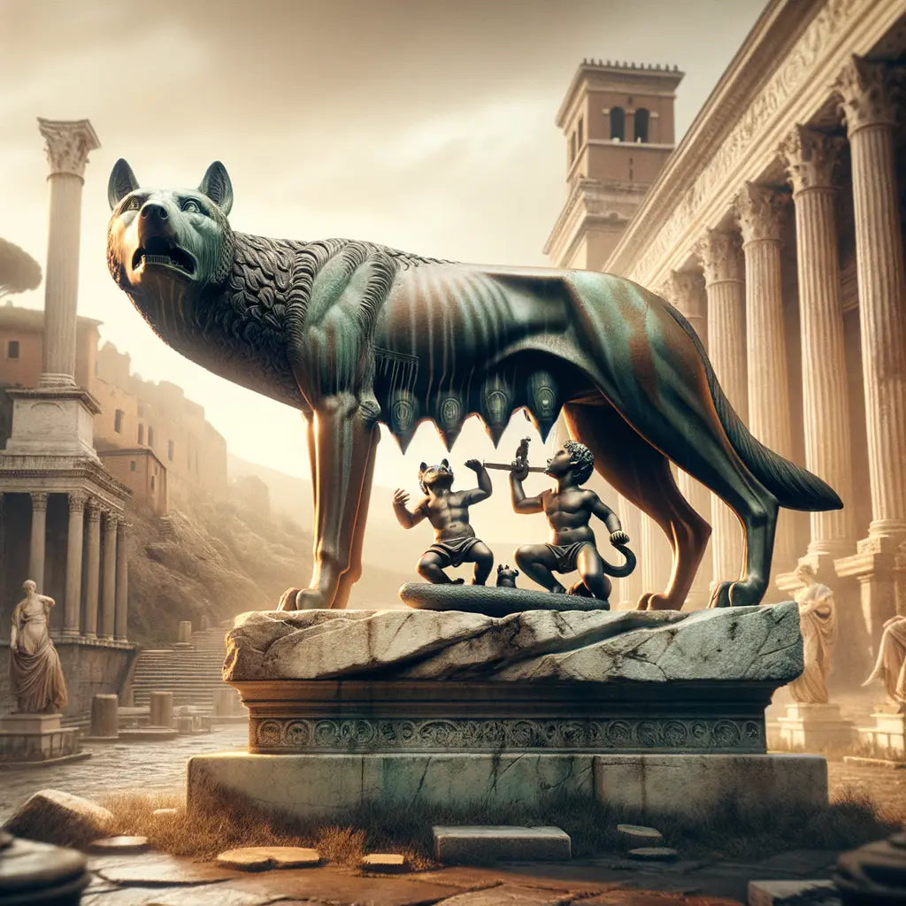 Capitoline Wolf statue with Romulus and Remus beneath, set against an ancient Roman landscape, in the style of 1960s historical epic films.
