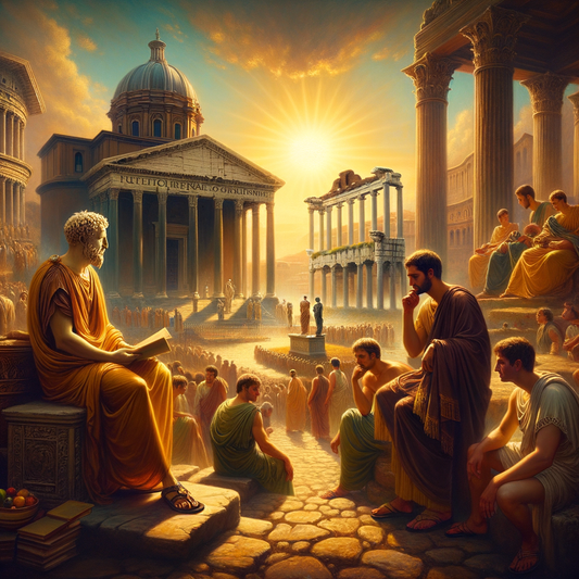 Three Stoic philosophers—Marcus Aurelius, Seneca, and Epictetus—in a picturesque ancient Roman setting, surrounded by symbols of their teachings, inspired by 1960s historical epic films.