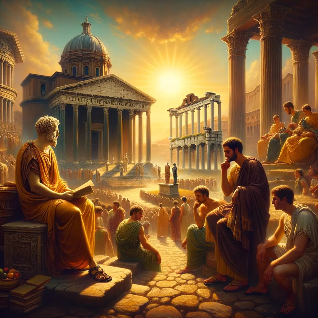 Three Stoic philosophers—Marcus Aurelius, Seneca, and Epictetus—in a picturesque ancient Roman setting, surrounded by symbols of their teachings, inspired by 1960s historical epic films.