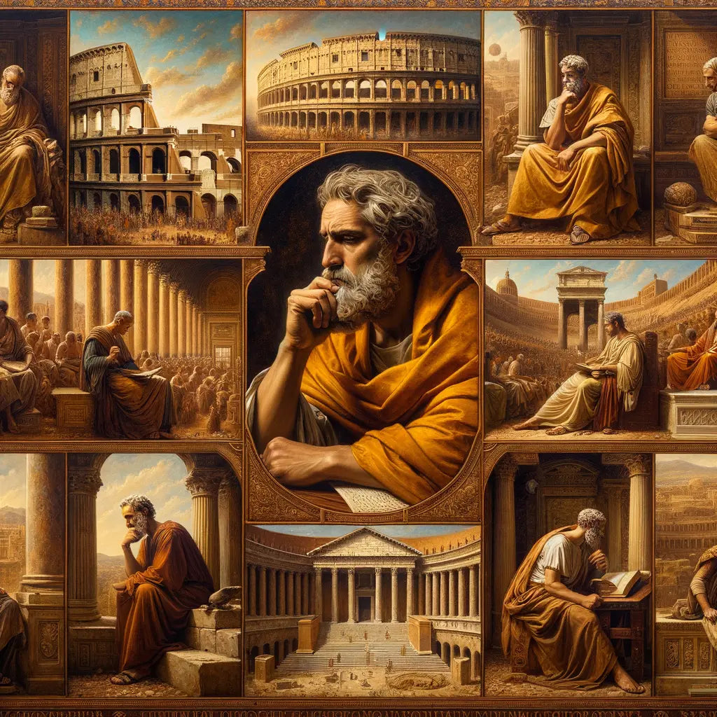 Collage of Roman philosophers Marcus Aurelius, Seneca, and Epictetus in thoughtful poses, with Roman landmarks in the background.