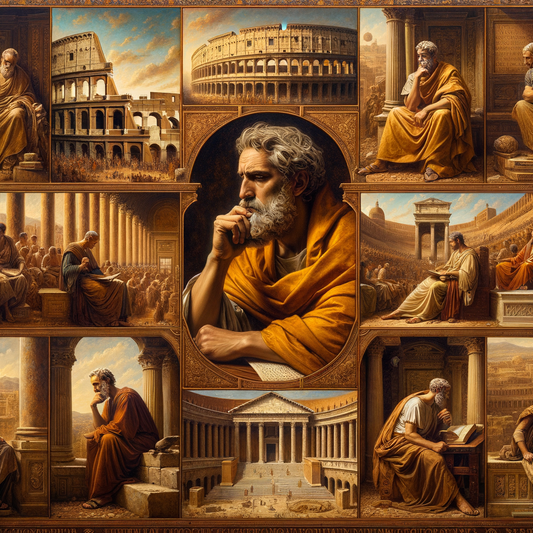Collage of Roman philosophers Marcus Aurelius, Seneca, and Epictetus in thoughtful poses, with Roman landmarks in the background.