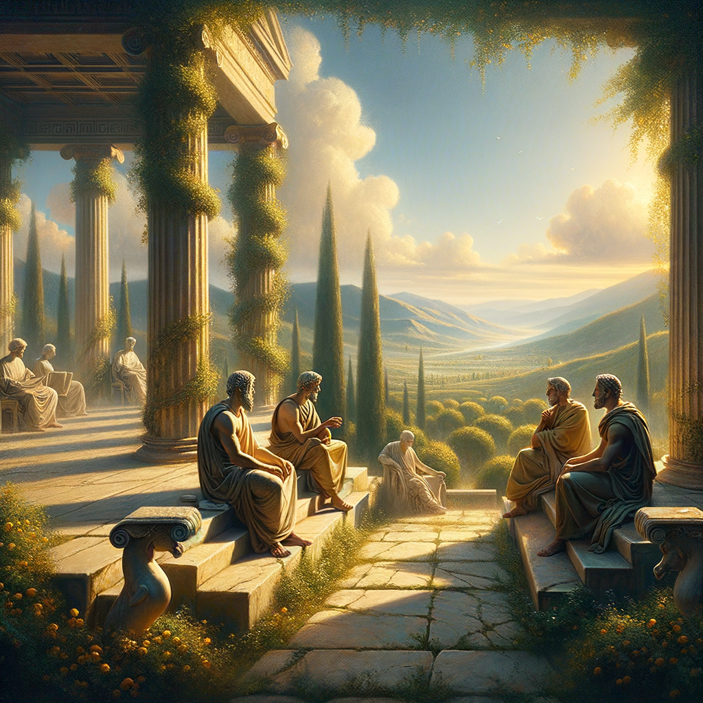 Philosophers Seneca, Epictetus, and Marcus Aurelius in a serene ancient Greek landscape, discussing thoughtfully amidst classical architecture.