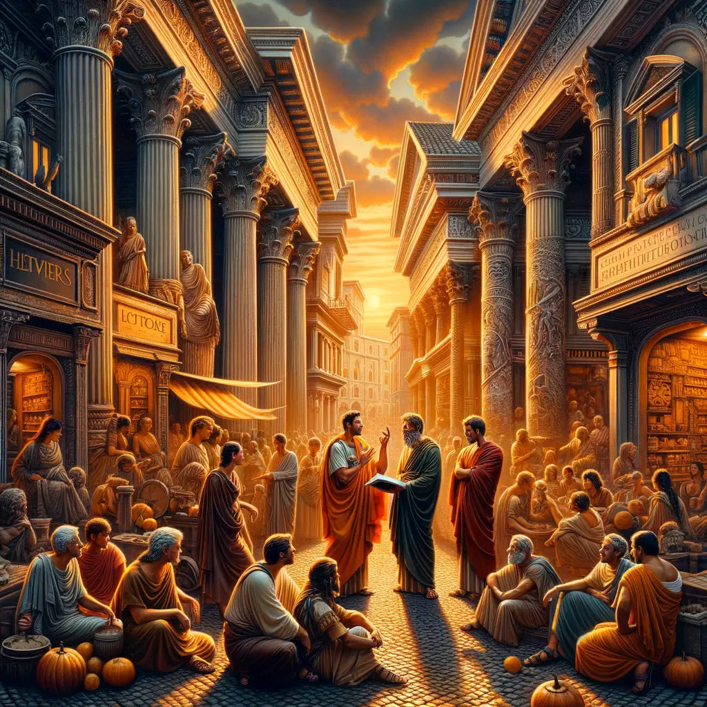 Ancient Roman philosophers Seneca, Epictetus, and Marcus Aurelius stand amid bustling city streets, engaging citizens with wisdom, in a scene reminiscent of 1960s historical epic films.