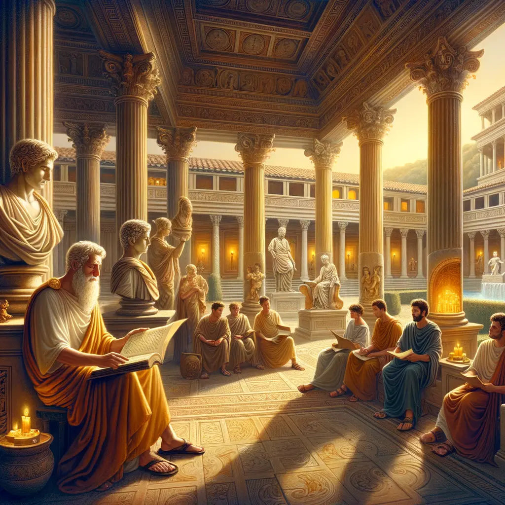 A Roman philosopher reads aloud from a scroll in a tranquil villa, surrounded by columns and statues, reflecting the essence of ancient wisdom.