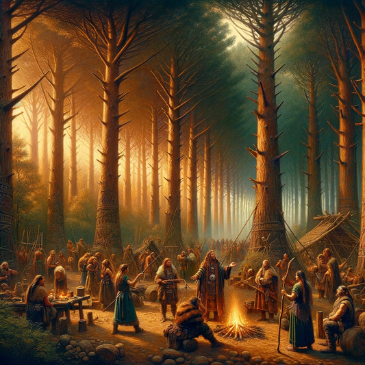 Germanic tribes in a Northern European forest, showcasing cultural activities, inspired by classic 1960s historical film style.