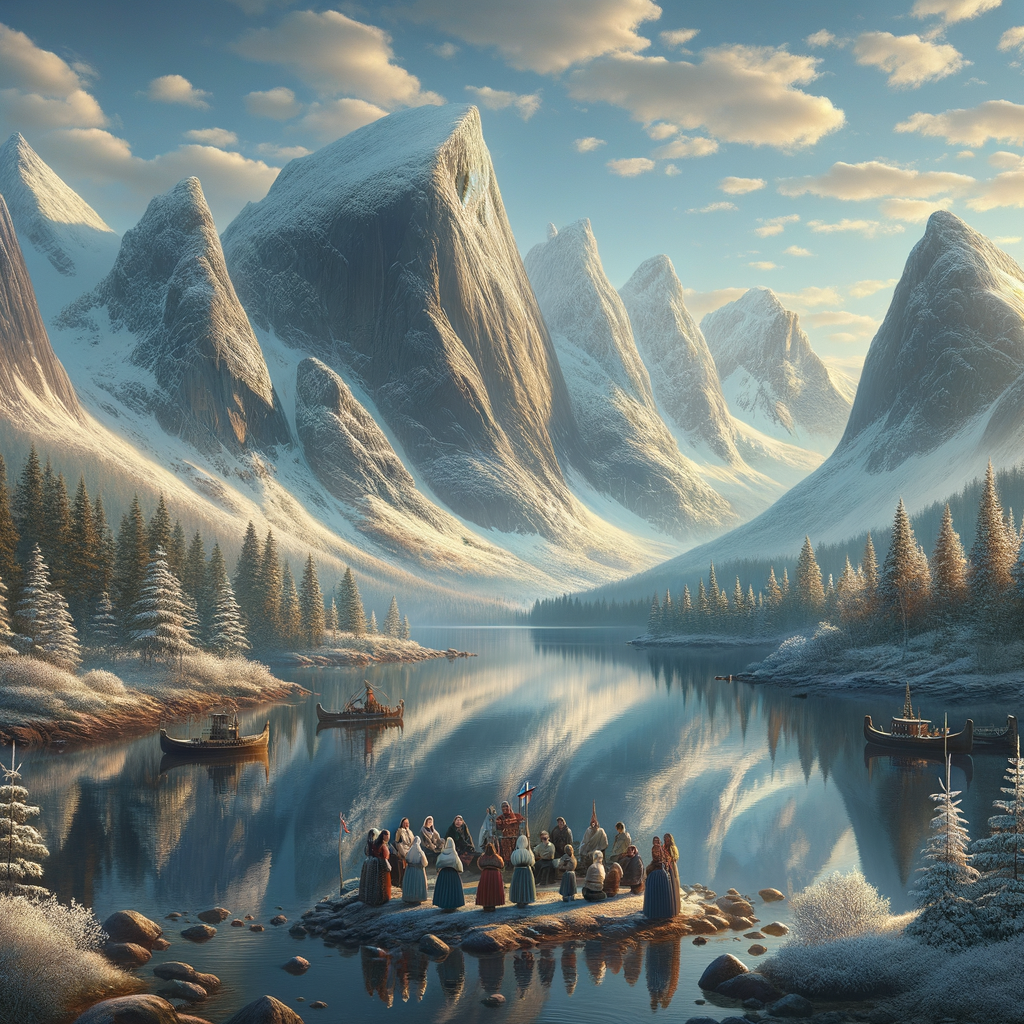 Majestic Scandinavian landscape with snow-capped mountains and clear lakes, embodying the cultural essence of Norway and Sweden.