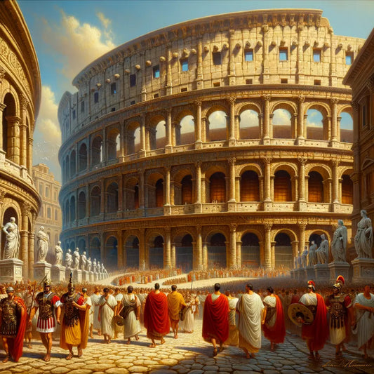 Panoramic view of the Roman Colosseum set in an ancient city, with Roman citizens and soldiers illustrating the architectural prowess in a style reminiscent of 1960s epic films.