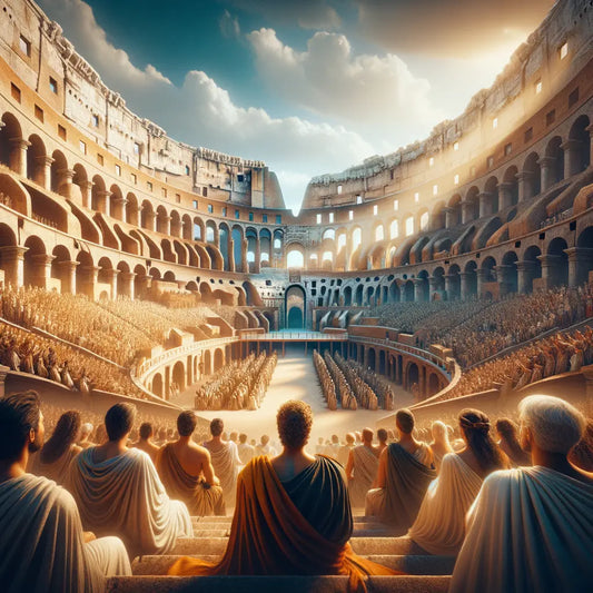 Roman Colosseum interior view from a spectator's perspective, showcasing massive arches, with spectators in togas, in a 1960s historical epic style.