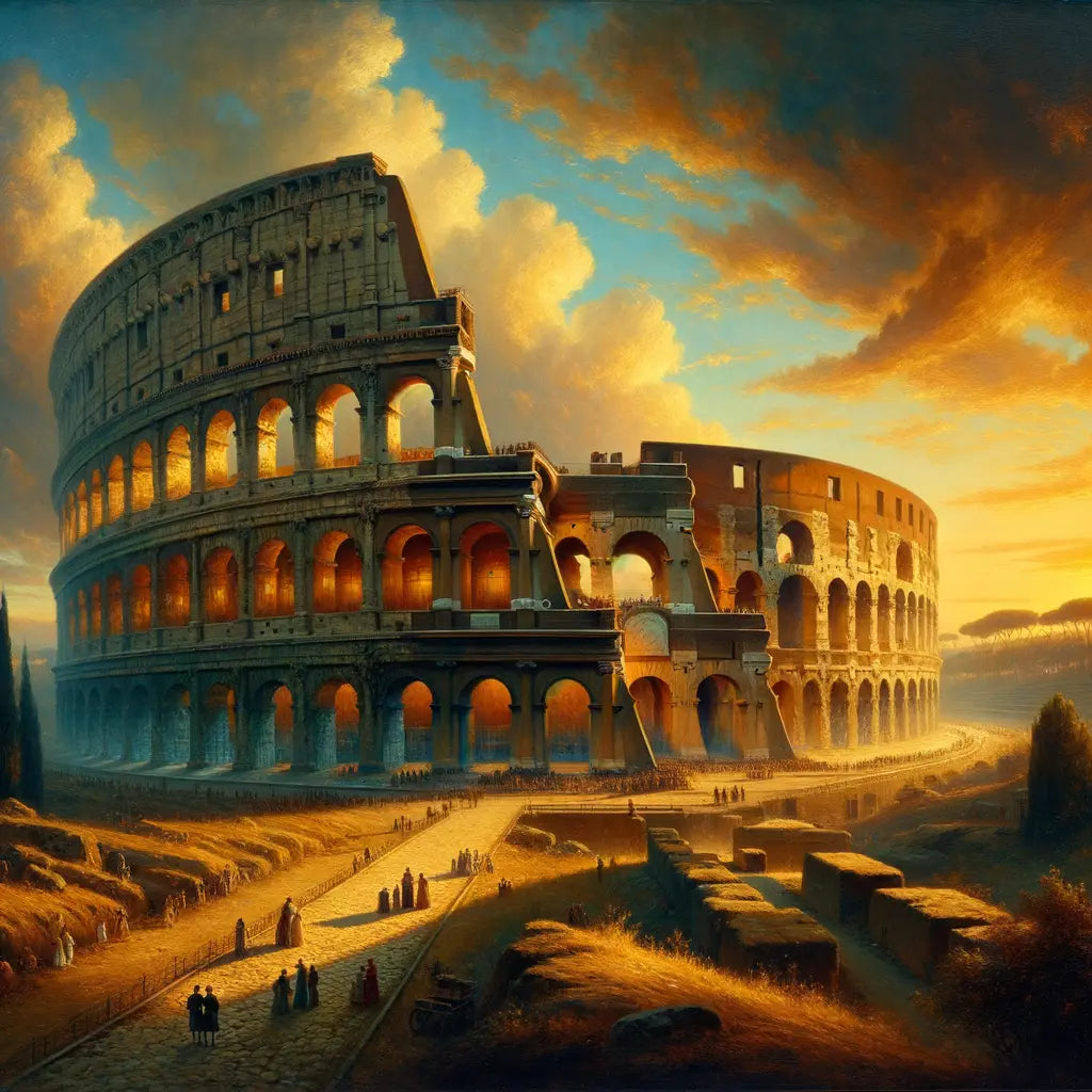 Panoramic view of the Rome Colosseum at sunset, accentuating its ancient arches and silhouette, in the style of 1960s historical films.