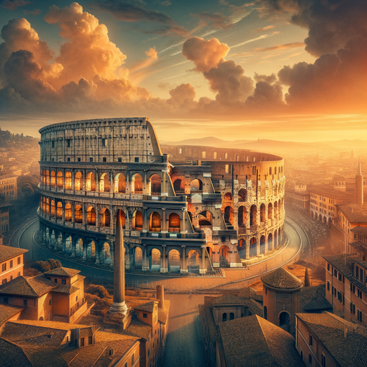Aerial view of the Roman Colosseum at sunset with the city of Rome in the background, resembling a scene from a 1960s historical epic film.