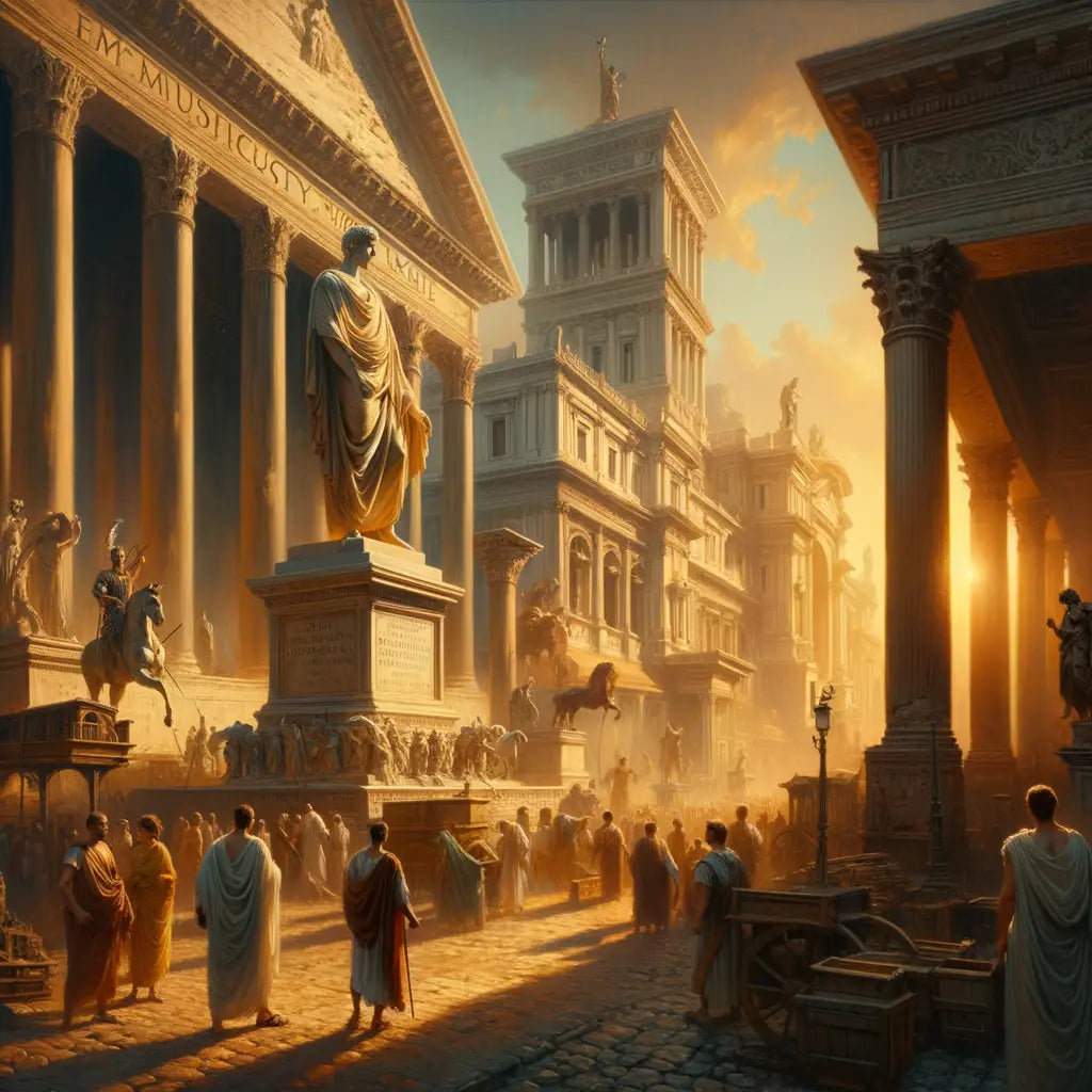 Cinematic painting of ancient Roman cityscape with Julius Caesar's statue, evoking the transformation from Republic to Empire in the style of 1960s historical films.