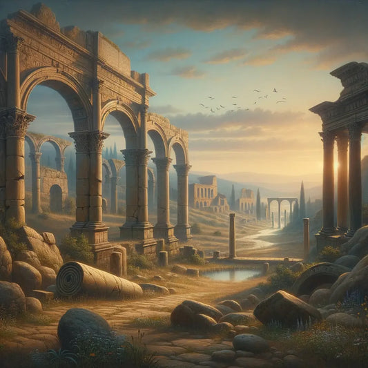 Serene Roman landscape with decaying ruins at sunset, inspired by 1960s historical epic films.