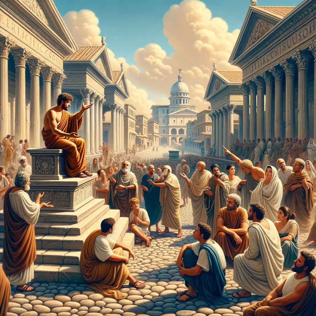 Ancient Roman street bustling with philosophers, featuring Seneca teaching a young student, in a style reminiscent of 1960s historical films.