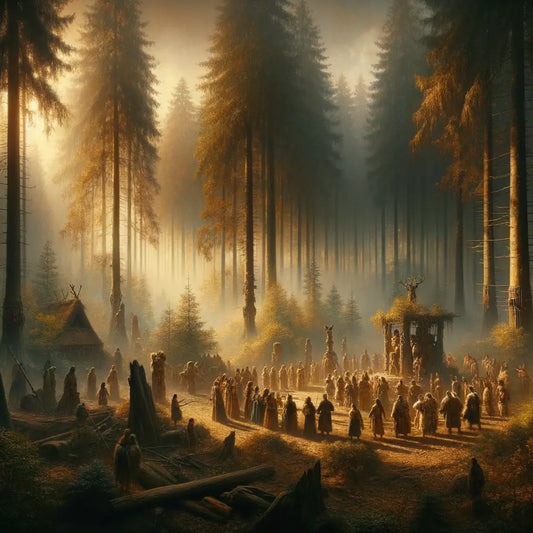 Early Germanic tribespeople in an ancient misty forest, surrounded by towering trees and sunlight, in a classic 1960s historical epic style.