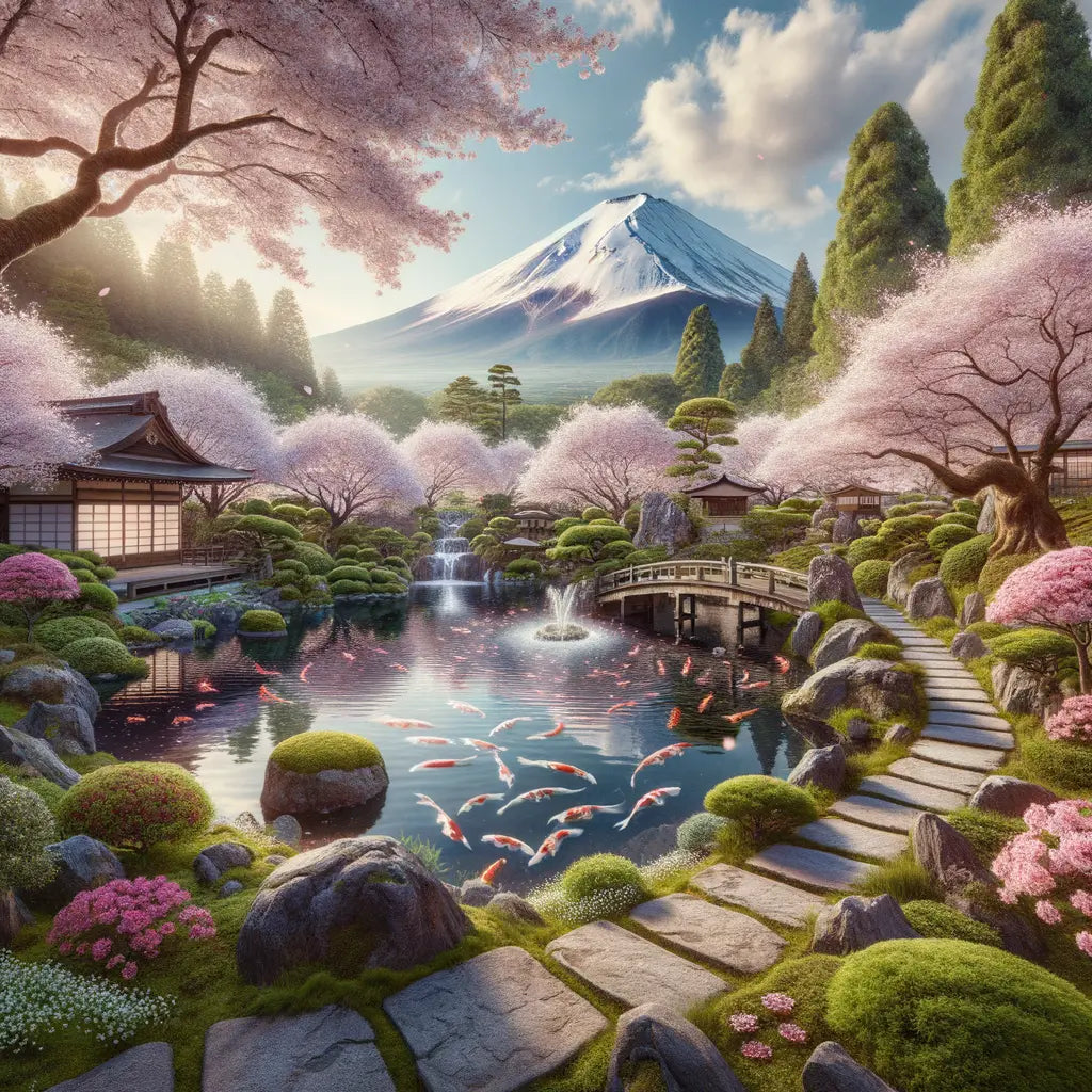Traditional Japanese garden with cherry blossoms and tea house