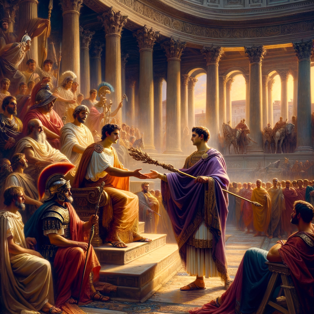 Romulus Augustulus hands an ornate scepter to Odoacer in a Roman forum, symbolizing the transition from the Roman Empire to the Byzantine Empire, painted in the style of a 1960s historical epic.