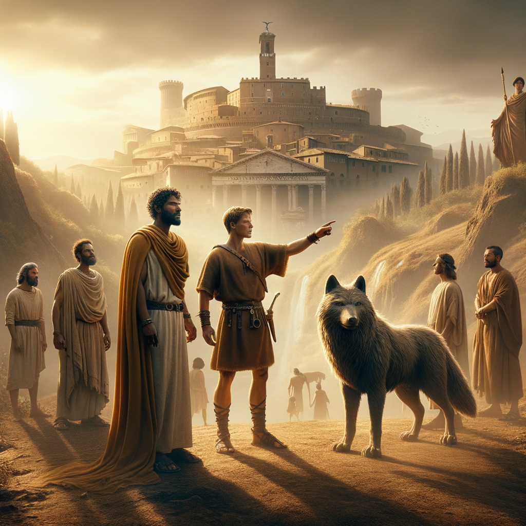 Romulus and Remus with the Capitoline Wolf in a cinematic setting of ancient Rome, against the backdrop of the seven hills.