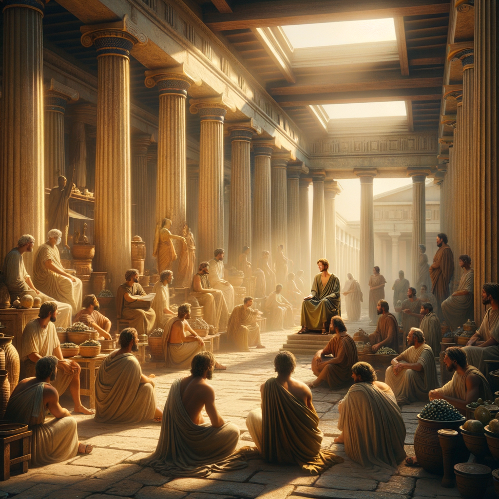 Zeno of Citium in an ancient Athens marketplace surrounded by traders and philosophers, in the style of classic 1960s historical films.