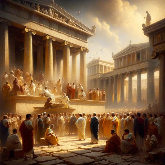 Zeno of Citium engaging in a lively philosophical discussion in ancient Athens' marketplace, with classical architecture and a crowd of listeners. Inspired by 1960s historical film style.