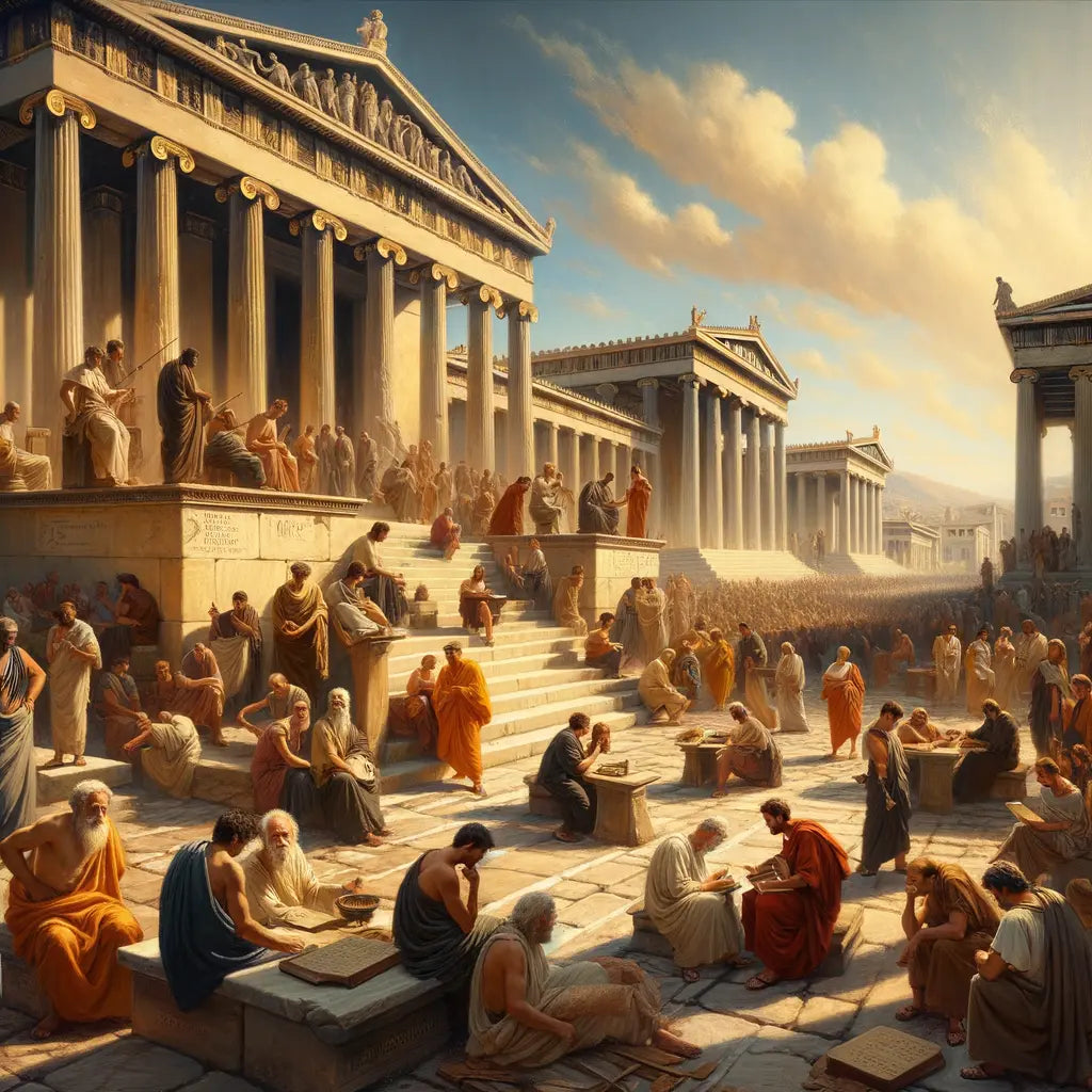 Philosophers on a sunlit street in ancient Athens engaged in discussion, surrounded by classical architecture, inspired by 1960s historical films.