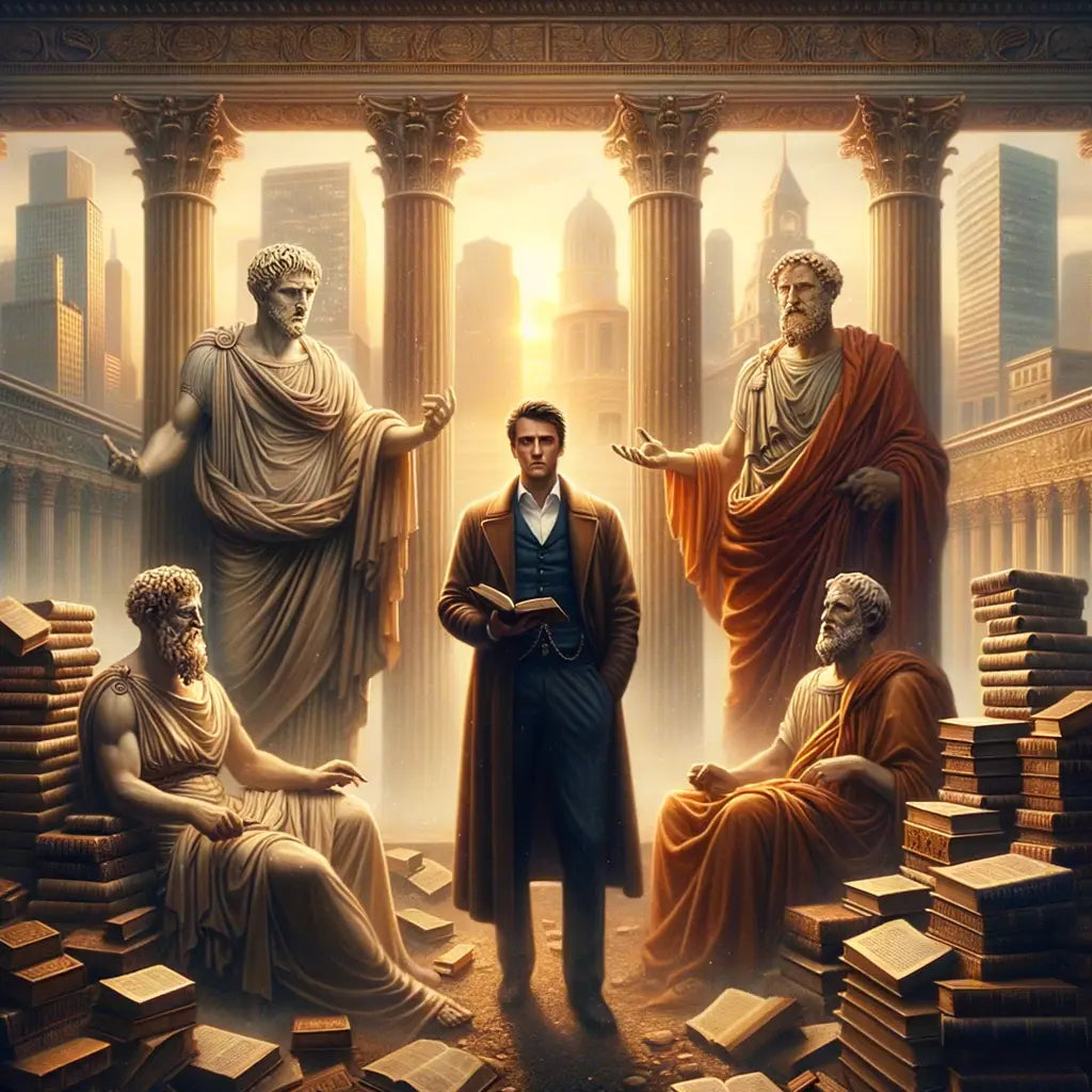 Ryan Holiday surrounded by stoic philosophers Marcus Aurelius and Epictetus, with books and a modern cityscape blending ancient wisdom with modern life.