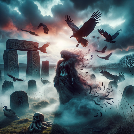 The Morrigan, silhouetted against a mystical battlefield, embodying the spirit of war and fate in a vibrant twilight.