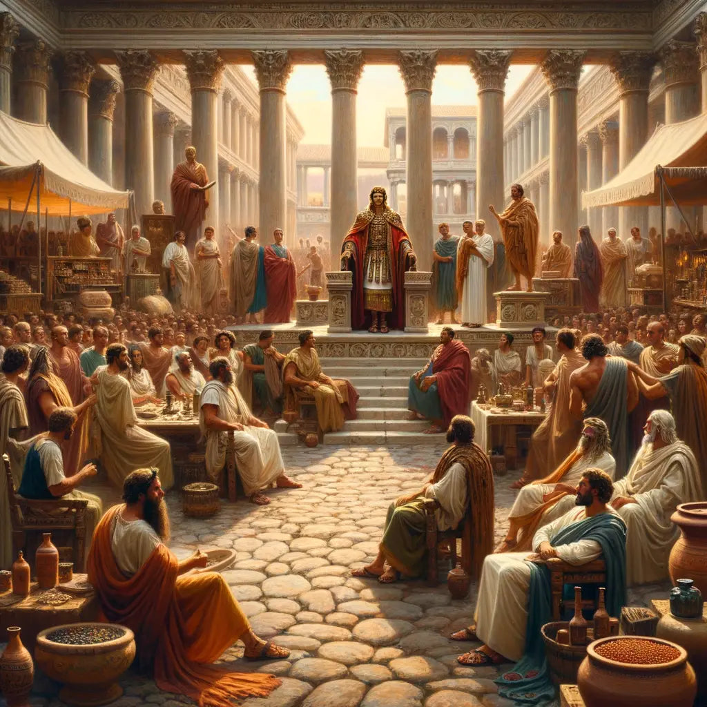Emperor Tiberius overseeing a Roman marketplace filled with traders and scholars, depicted in a 1960s historical film style.