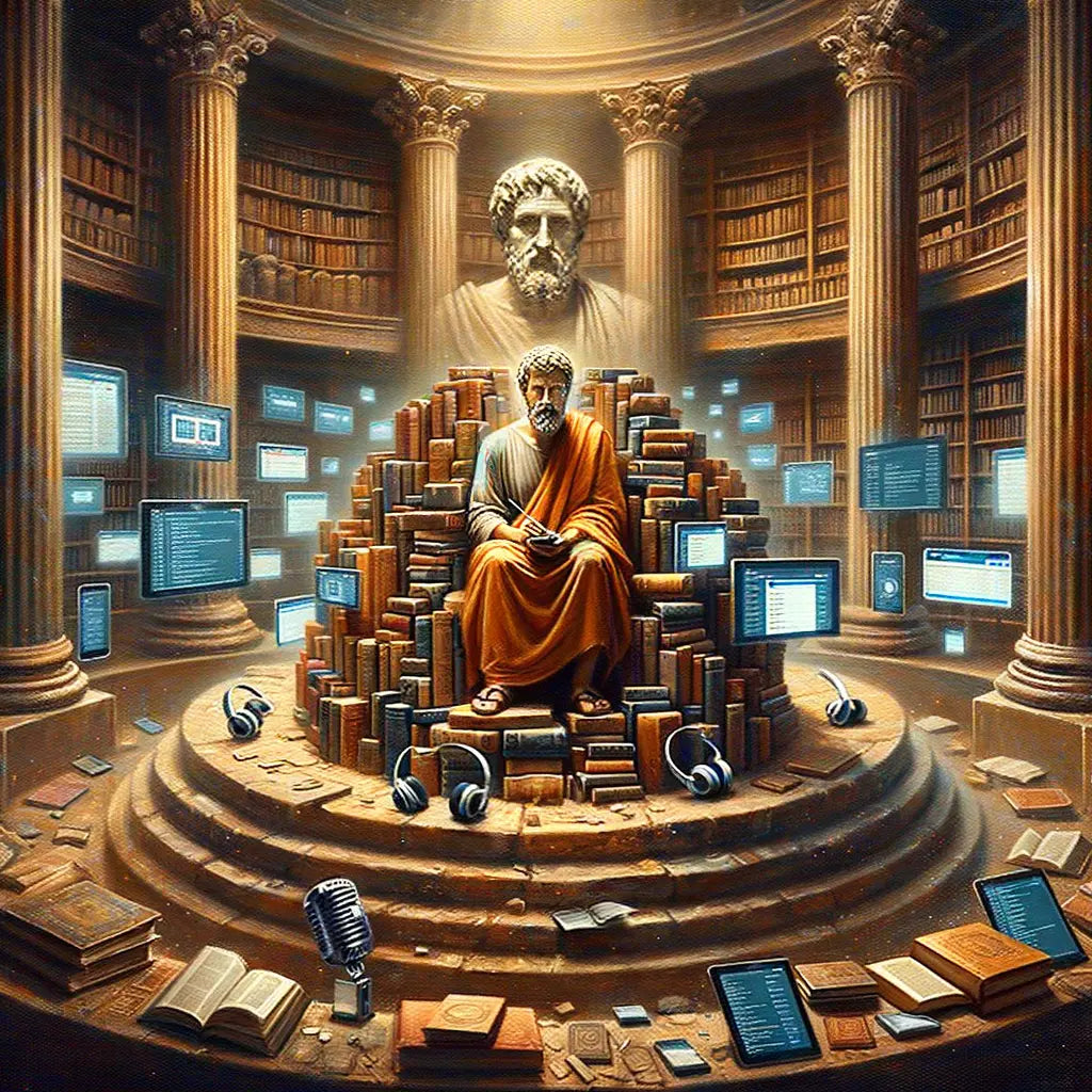 Modern-day philosopher amidst books, emails, and podcasts, blending ancient Stoic wisdom with modern life in a cinematic style.