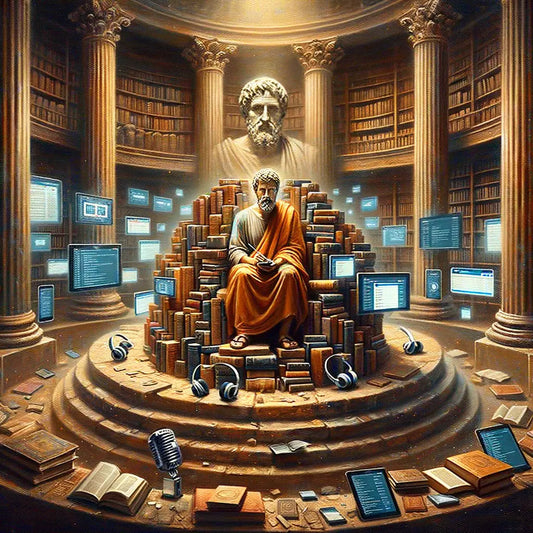 Modern-day philosopher amidst books, emails, and podcasts, blending ancient Stoic wisdom with modern life in a cinematic style.