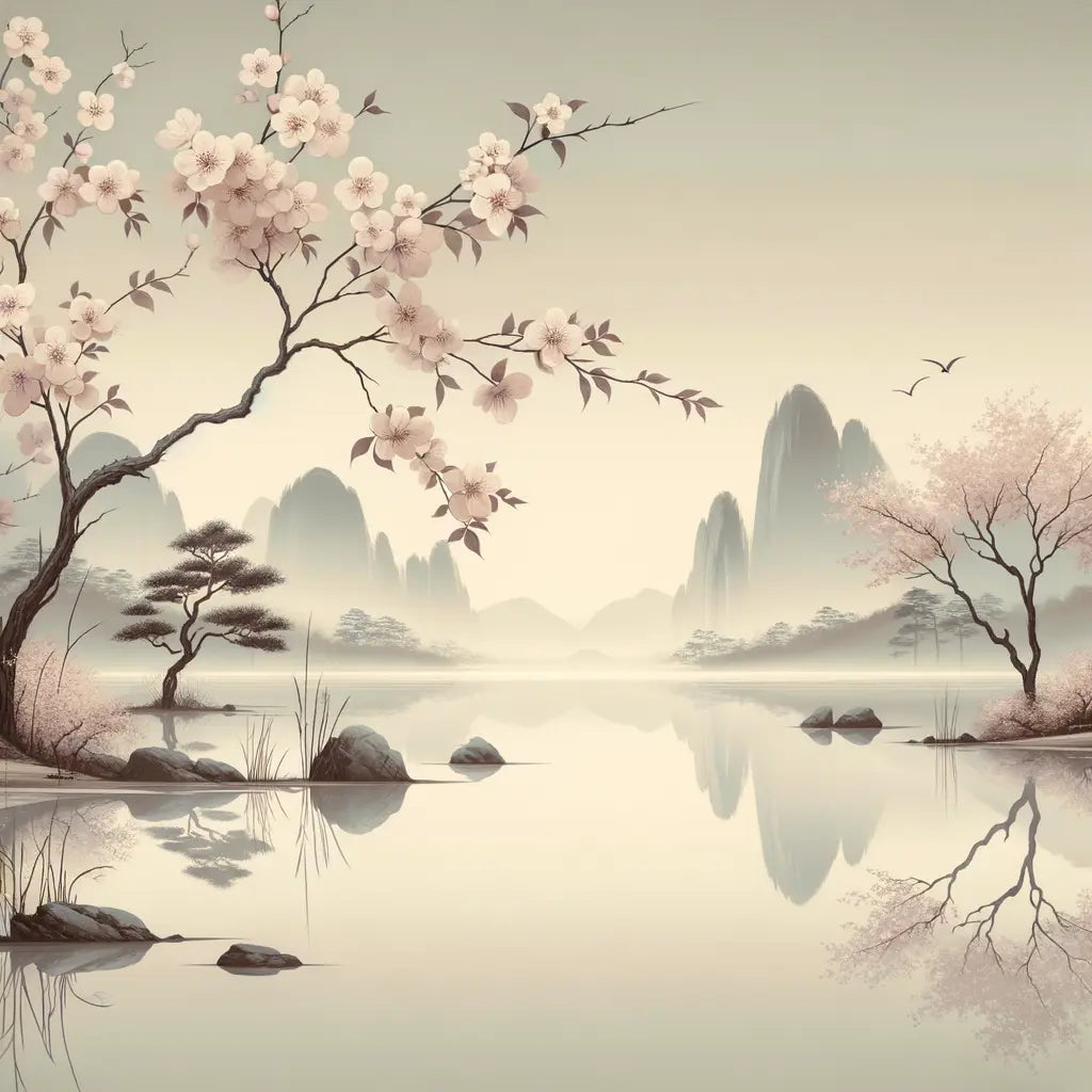 A tranquil view of cherry blossoms and a pond with a mountain in the background, reflecting traditional Japanese aesthetics.