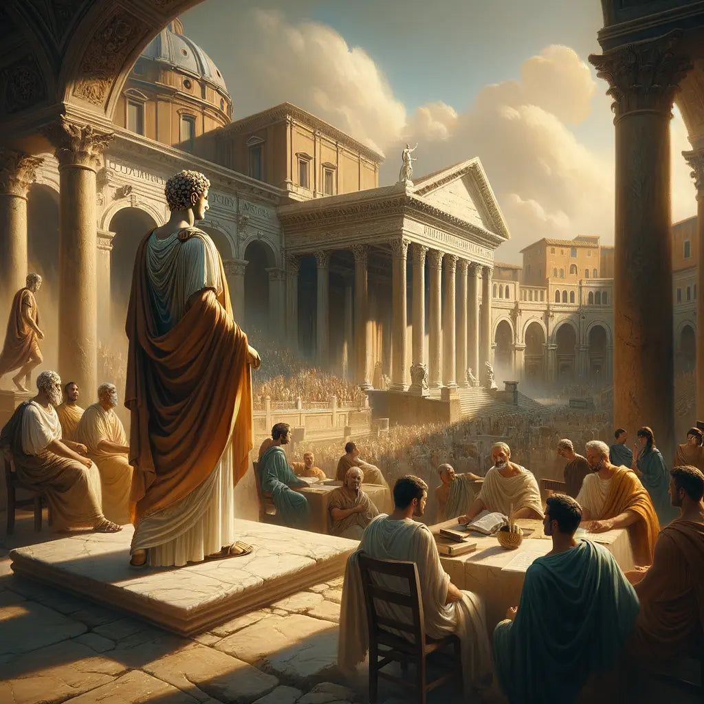 Richard Harris as Marcus Aurelius in ancient Rome, overlooking the Roman Forum, inspired by classic historical films of the 1960s.