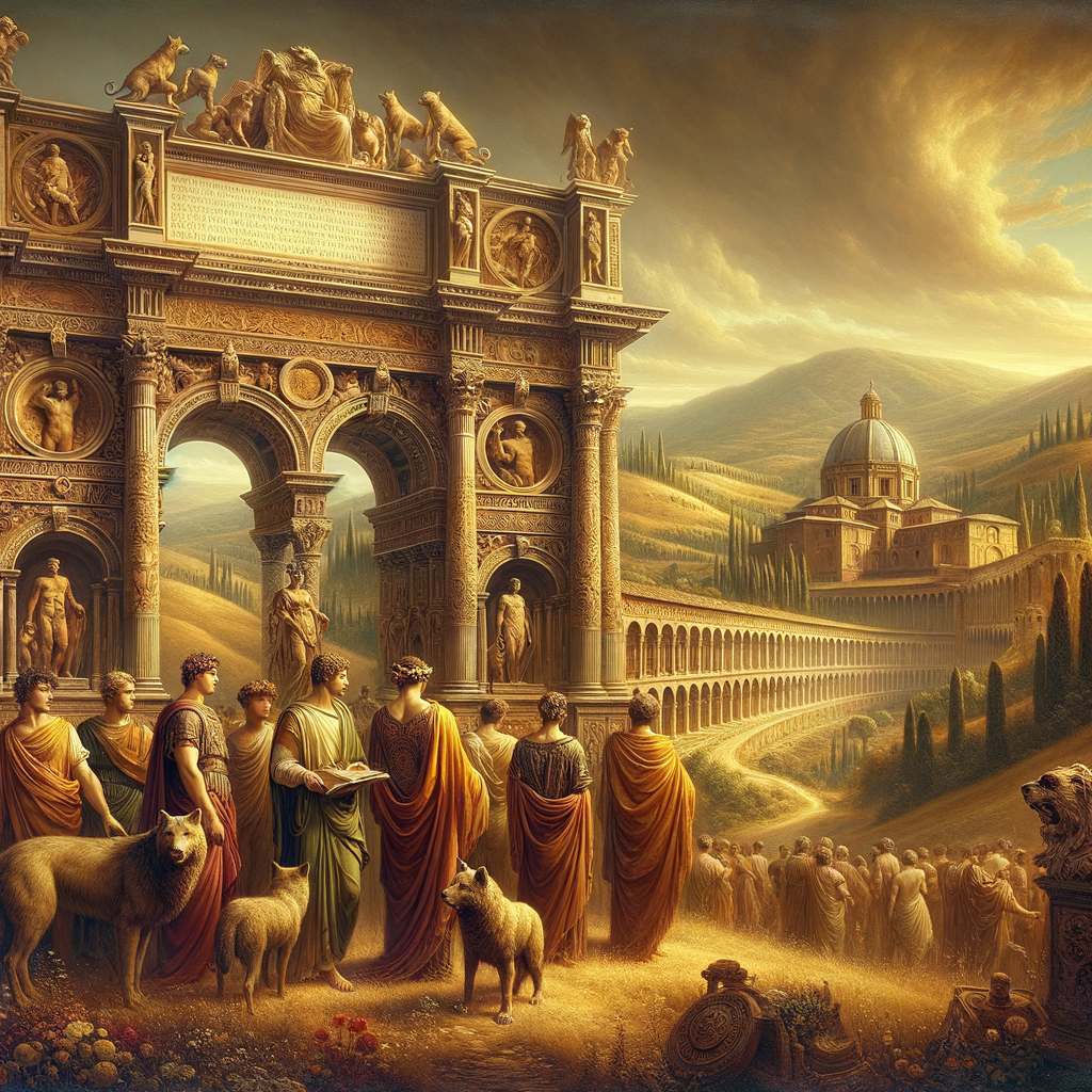 Romulus and Remus with the she-wolf amid iconic Etruscan architecture in Tuscany, depicted in a style reminiscent of a 1960s historical epic.