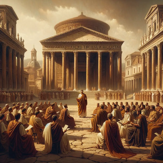 A cinematic scene of ancient Rome with a crowned king and toga-clad senators holding quills, set against the grandeur of Roman architecture, reflecting early Roman governance.