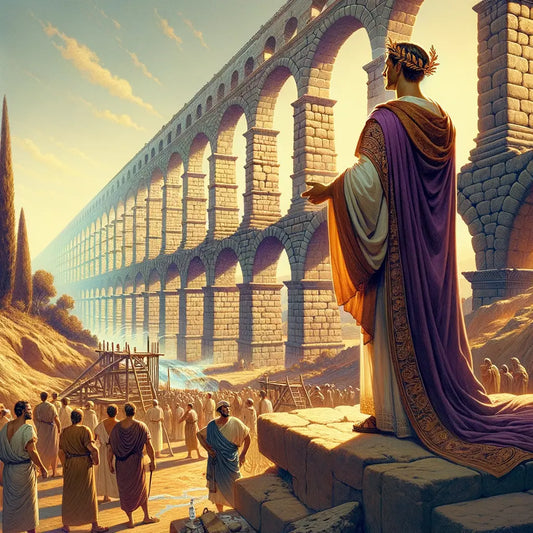 Emperor Augustus overseeing the construction of a grand Roman aqueduct, surrounded by workers, under a clear blue sky, symbolizing the thriving Roman Empire during the Pax Romana.