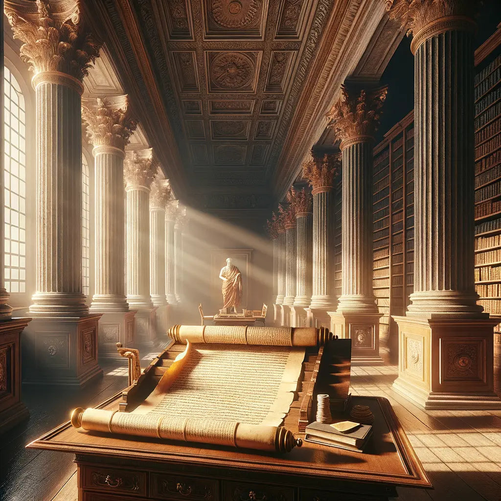 Cinematic painting of an ancient Roman scroll beside a modern digital device in a grand library, symbolizing the merge of ancient Stoic wisdom with modern technology.