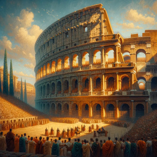 Cinematic painting of the Colosseum in ancient Rome, showcasing its grandeur and surrounded by figures in togas and gladiators, capturing the style of 1960s historical films.
