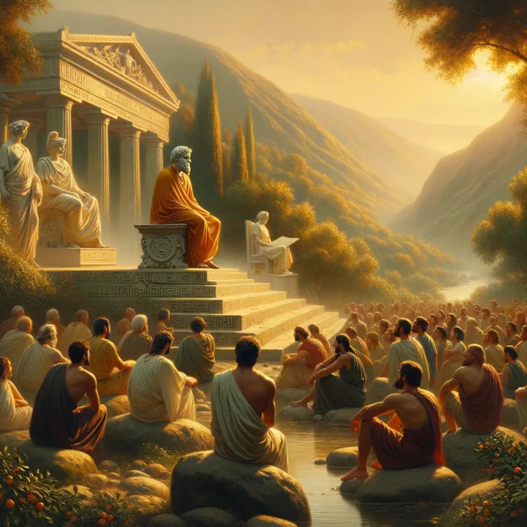 An ancient Greek philosopher in a serene setting surrounded by nature and symbols of harmony, evoking the teachings of Cleanthes, painted in a 1960s historical epic style.