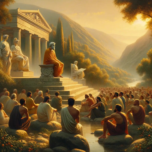 An ancient Greek philosopher in a serene setting surrounded by nature and symbols of harmony, evoking the teachings of Cleanthes, painted in a 1960s historical epic style.