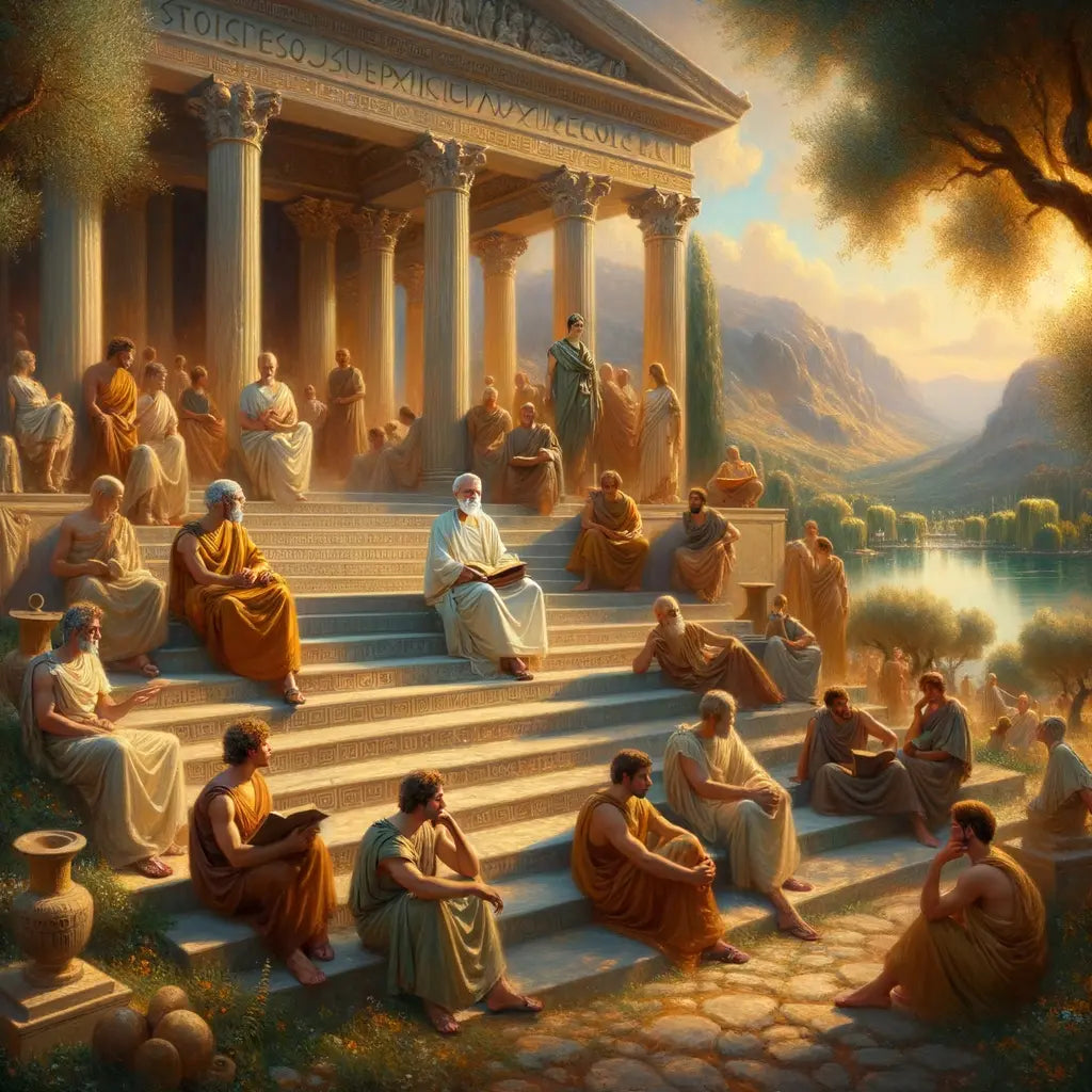 A serene, philosophical scene in ancient Rome with a philosopher embodying Stoicism, depicted in the style of 1960s historical films.