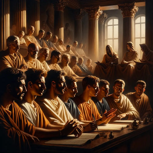 Roman senators in intense debate in a shadowy Senate setting, inspired by Shakespeare's 'Julius Caesar.'