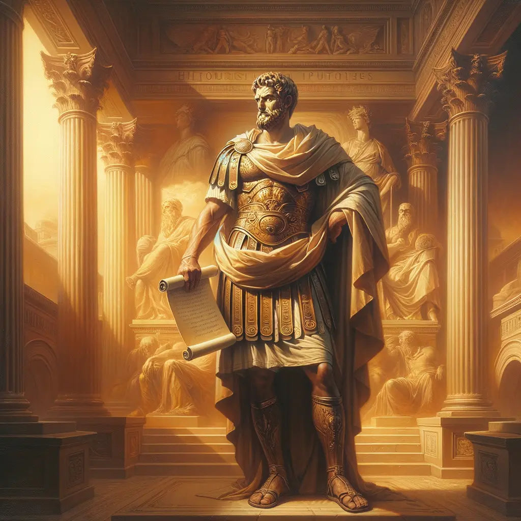 Regal portrait of Marcus Aurelius in Roman armor against a backdrop merging ancient Roman architecture with modern philosophical insights.