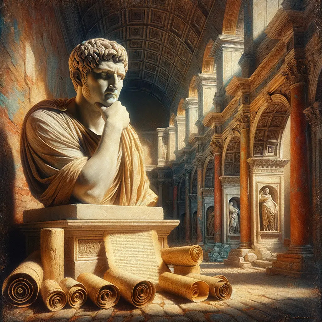 Ancient Roman sculpture of Marcus Aurelius with scrolls and Roman architecture in the background, reflecting his legacy as an emperor and philosopher.